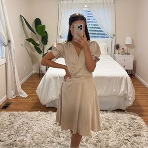 DKNY Classic Champagne Puff Sleeve Midi Dress